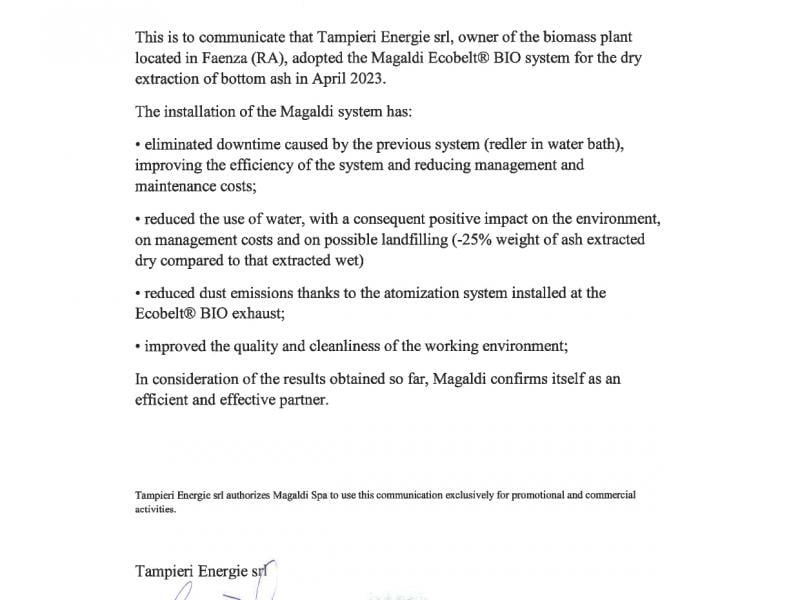 Tampieri biomass power plant, reference letter